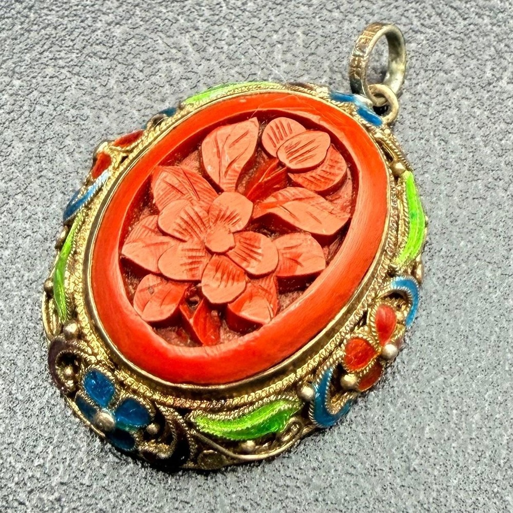 Vintage Chinese Export Gilt Silver Cinnabar Filigree Pendant Colorful Enamel
